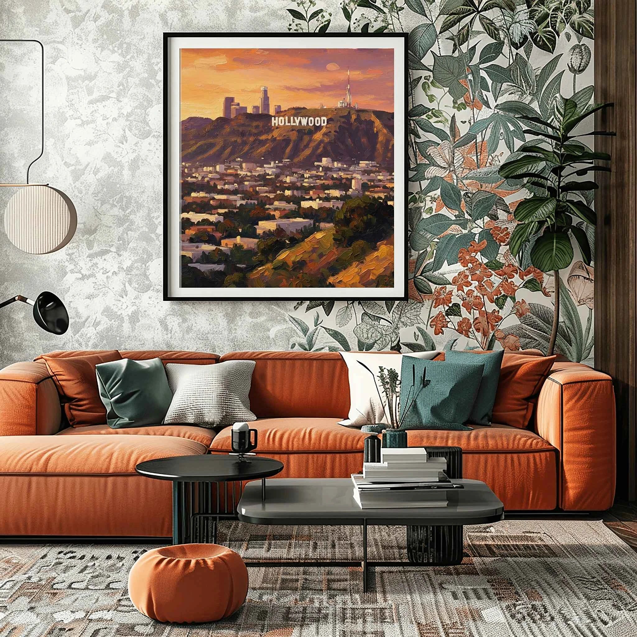Hollywood Glow: Iconic Sign & Los Angeles Skyline Sunset Oil Painting