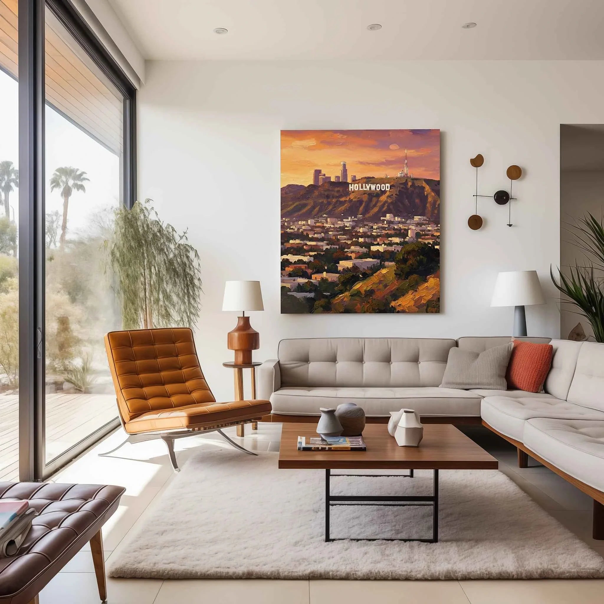 Hollywood Glow: Iconic Sign & Los Angeles Skyline Sunset Oil Painting