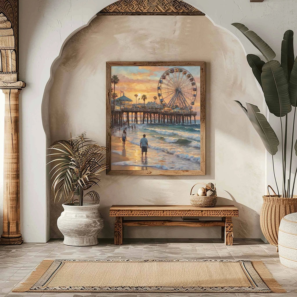Santa Monica Sunset: Iconic Ferris Wheel & California Beach Pier Oil Painting