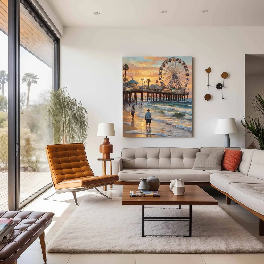 Santa Monica Sunset: Iconic Ferris Wheel & California Beach Pier Oil Painting