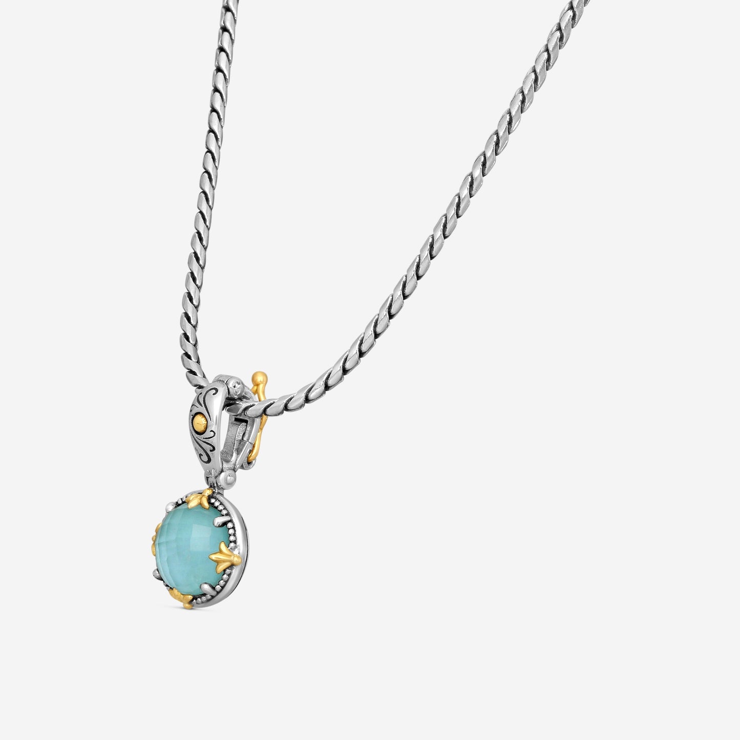 KONSTANTINO - "Gen K 2" Sterling Silver & 18k Yellow Gold, Aquamarine Triplet Pendant (AQM: 10mm) - MEKJ764-655

Pendant Dimensions: 1.00 x 0.50 in.
S/S Chain Included:CHKJ22-131-18 (Length - 18in.)