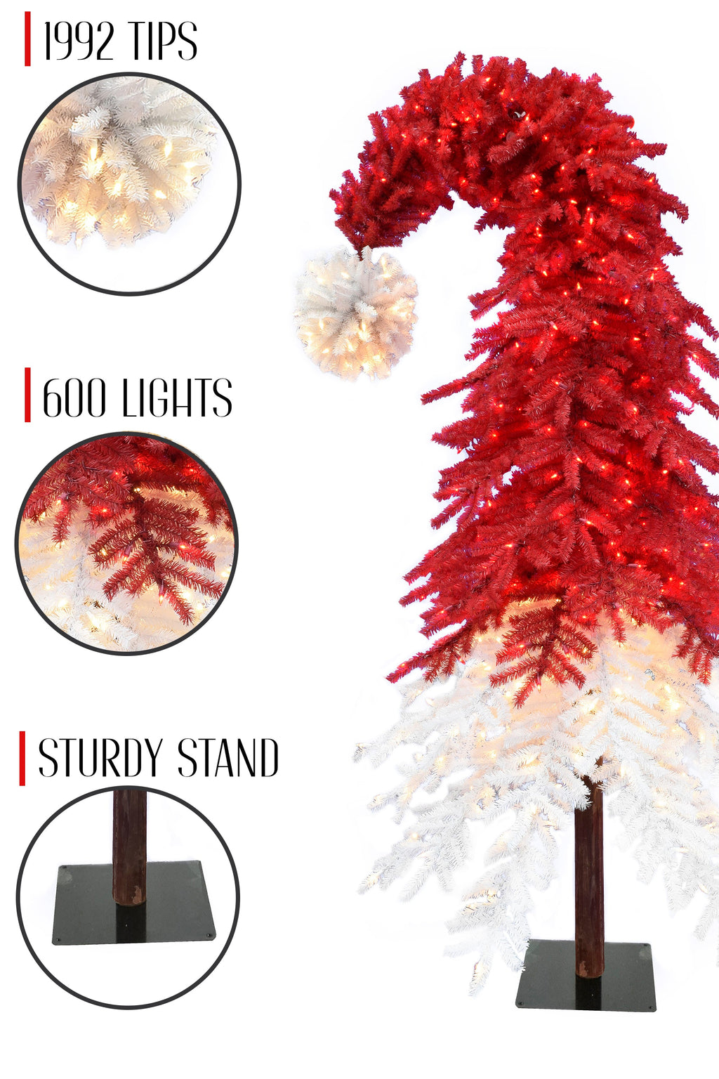 Pre-lit Santa Hat Christmas Tree with Red and Warm White Lights and Square Metal Base