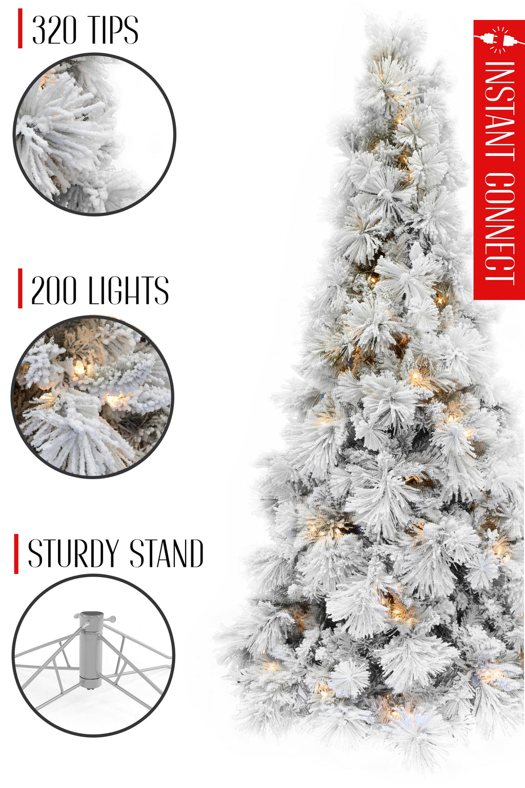 Pre-lit Slim Snow Flocked Atka Christmas Tree with Metal Stand and Instant Connect