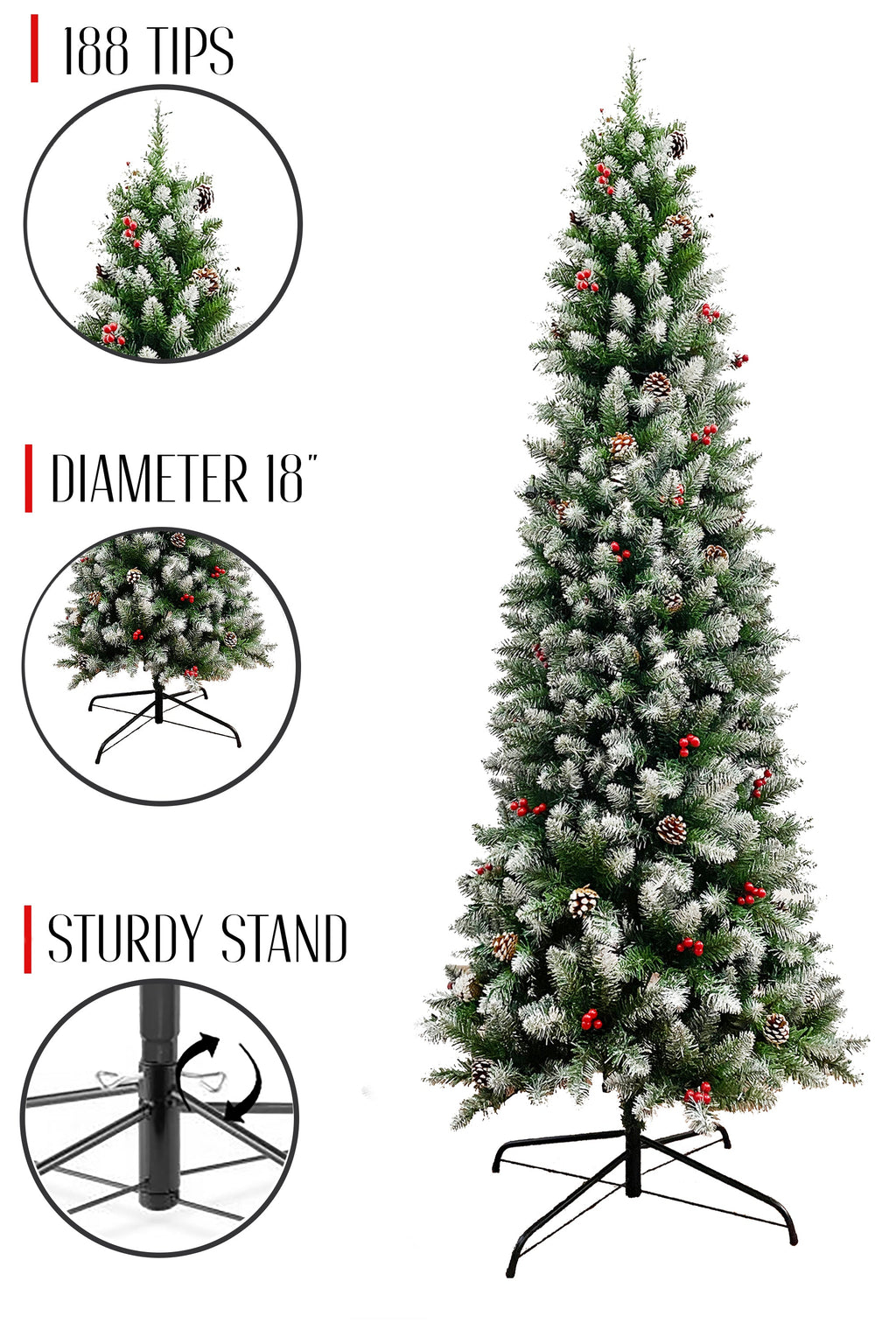 Frosted Norwood Pencil Pine with Pine Cones & Red Berries and Metal Stand
