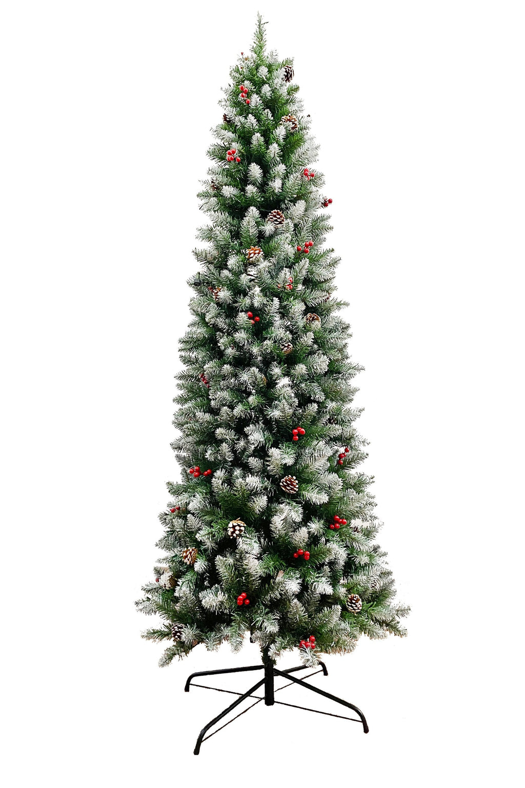Frosted Norwood Pencil Pine with Pine Cones & Red Berries and Metal Stand