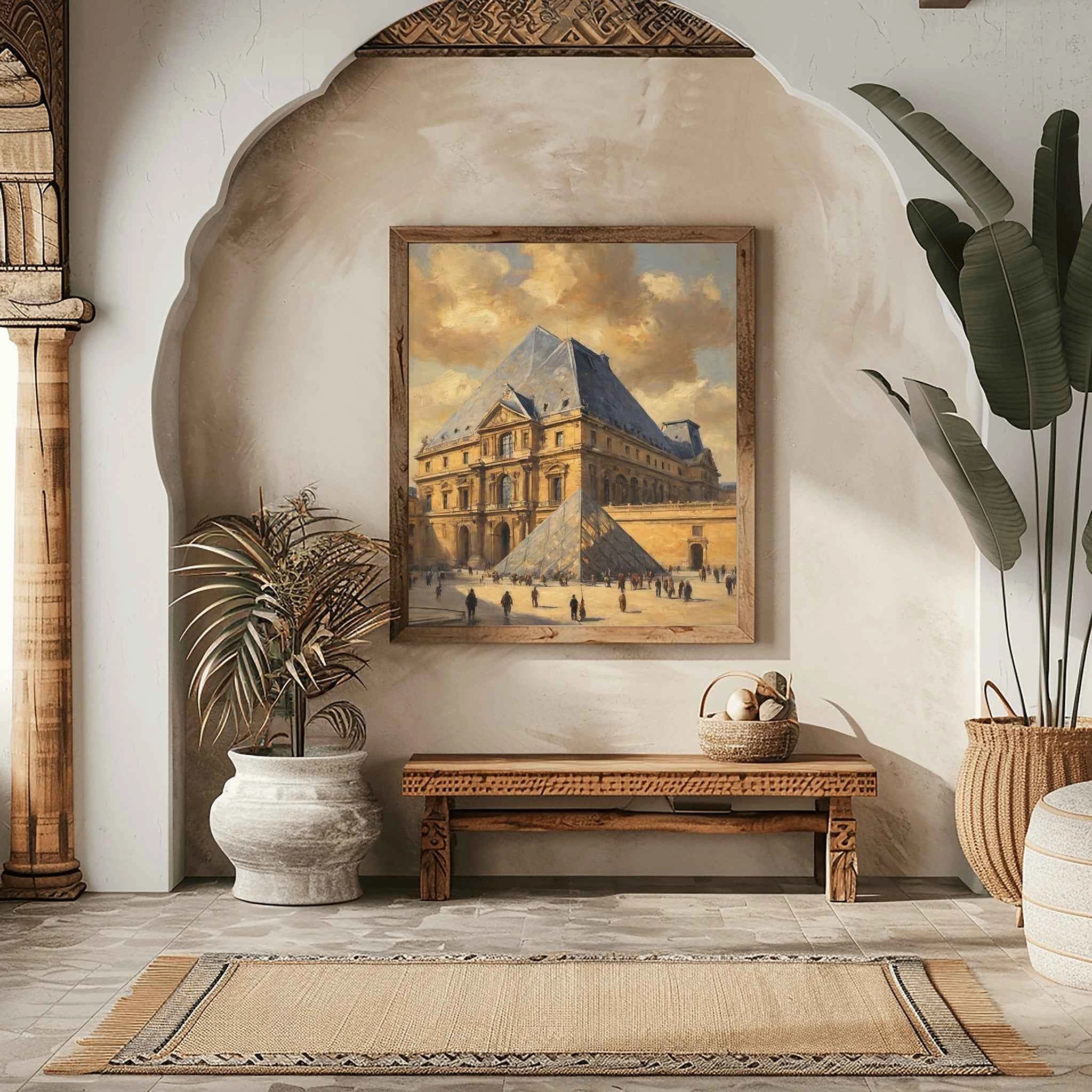 Louvre Heritage: Modern Pyramid & Classic French Palace Architecture Oil Painting