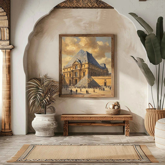 Louvre Heritage: Modern Pyramid & Classic French Palace Architecture Oil Painting