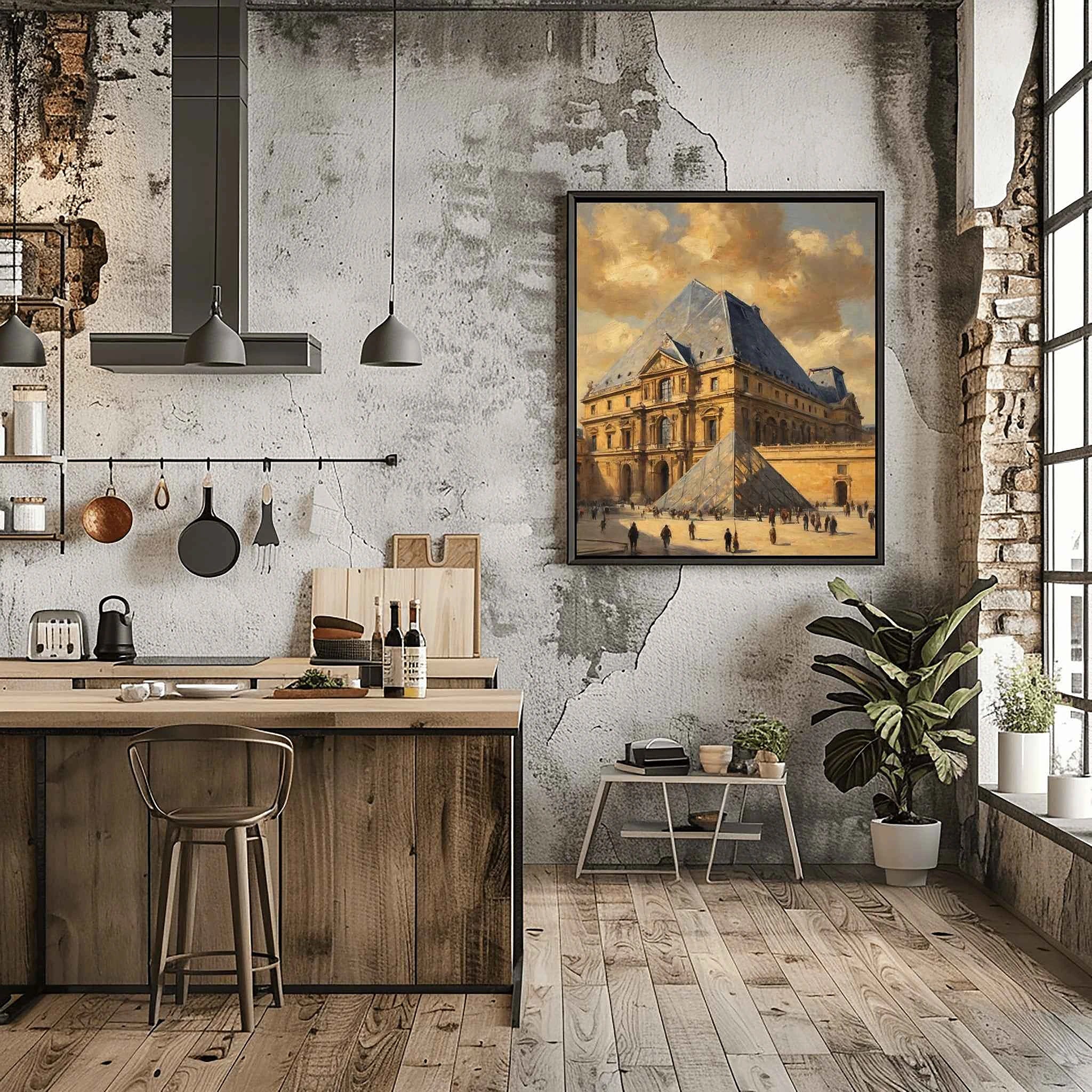 Louvre Heritage: Modern Pyramid & Classic French Palace Architecture Oil Painting