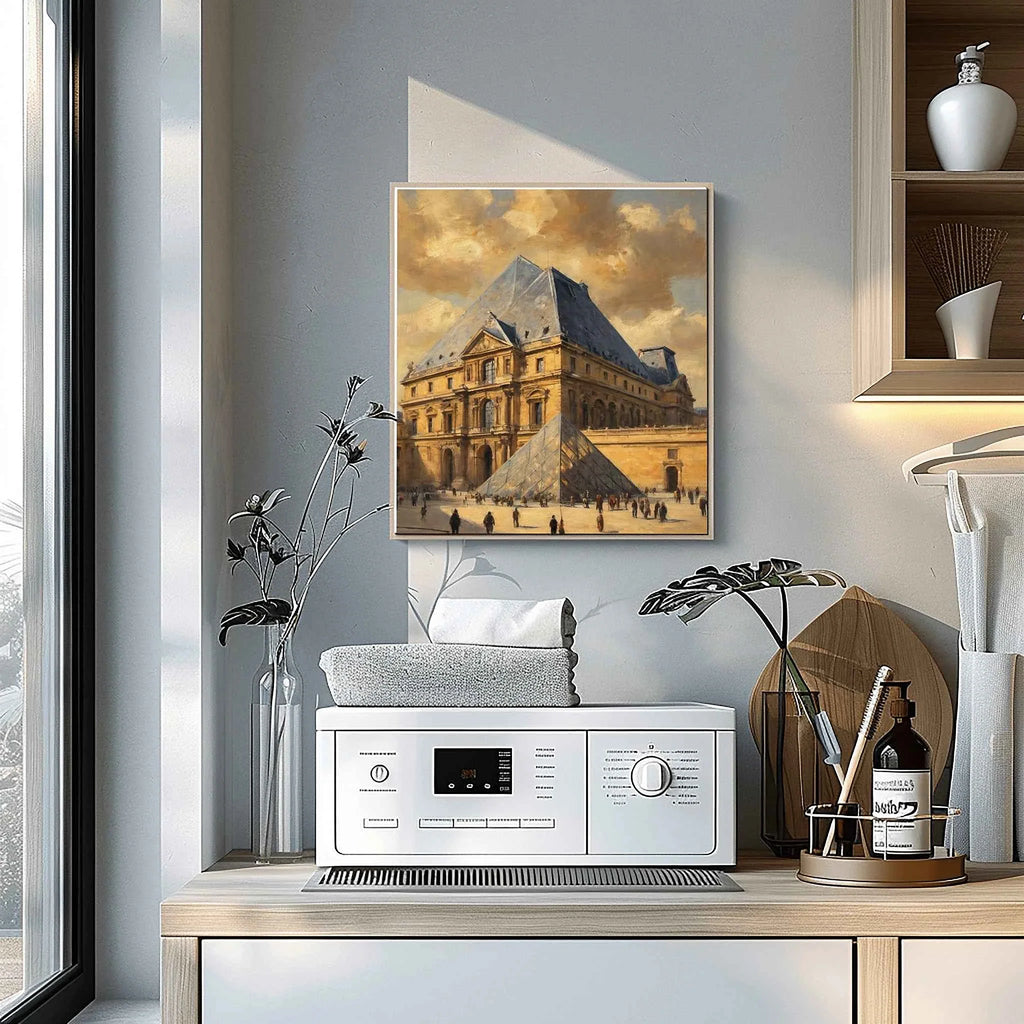 Louvre Heritage: Modern Pyramid & Classic French Palace Architecture Oil Painting