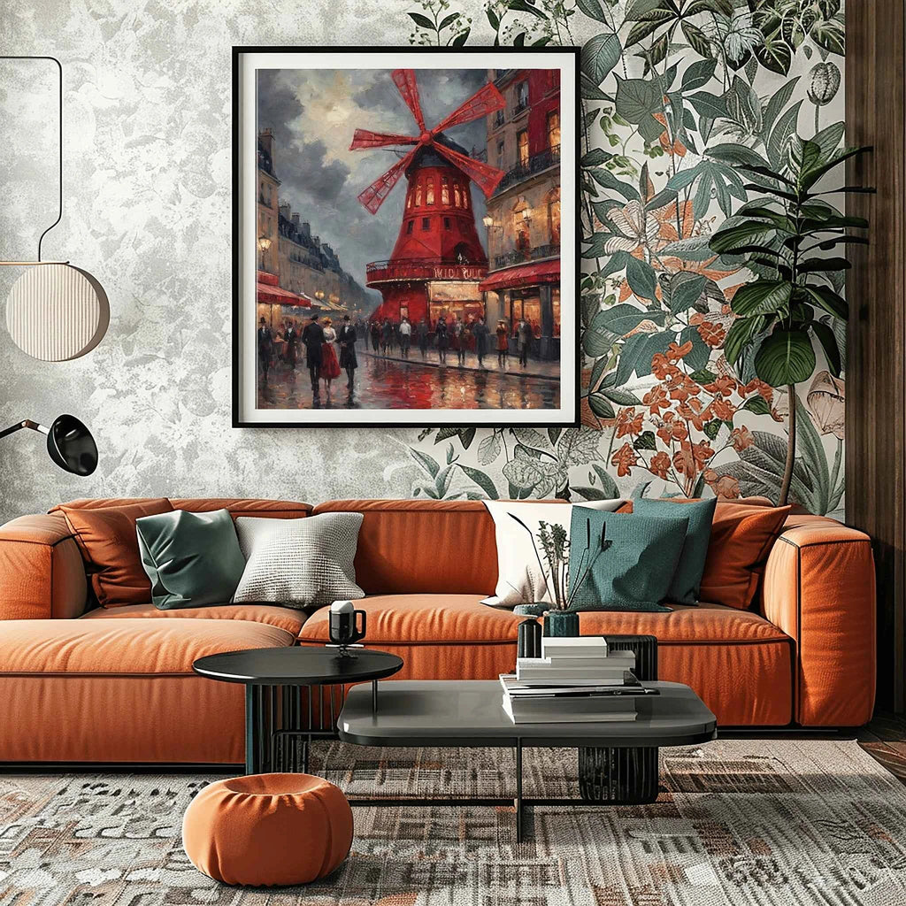 Montmartre Windmill Nights: Iconic Paris Red Windmill & Rainy Street Scene Oil Painting