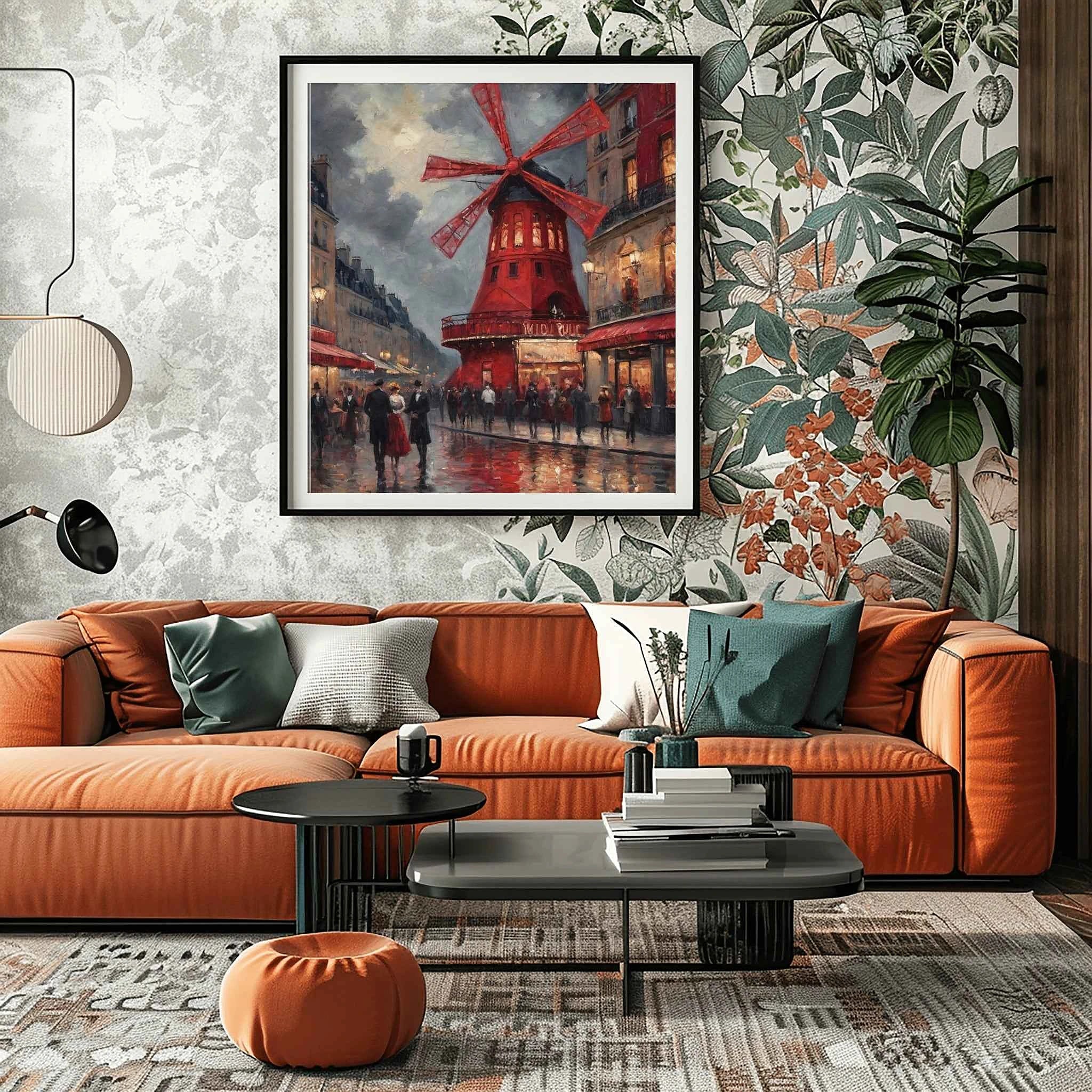 Montmartre Windmill Nights: Iconic Paris Red Windmill & Rainy Street Scene Oil Painting