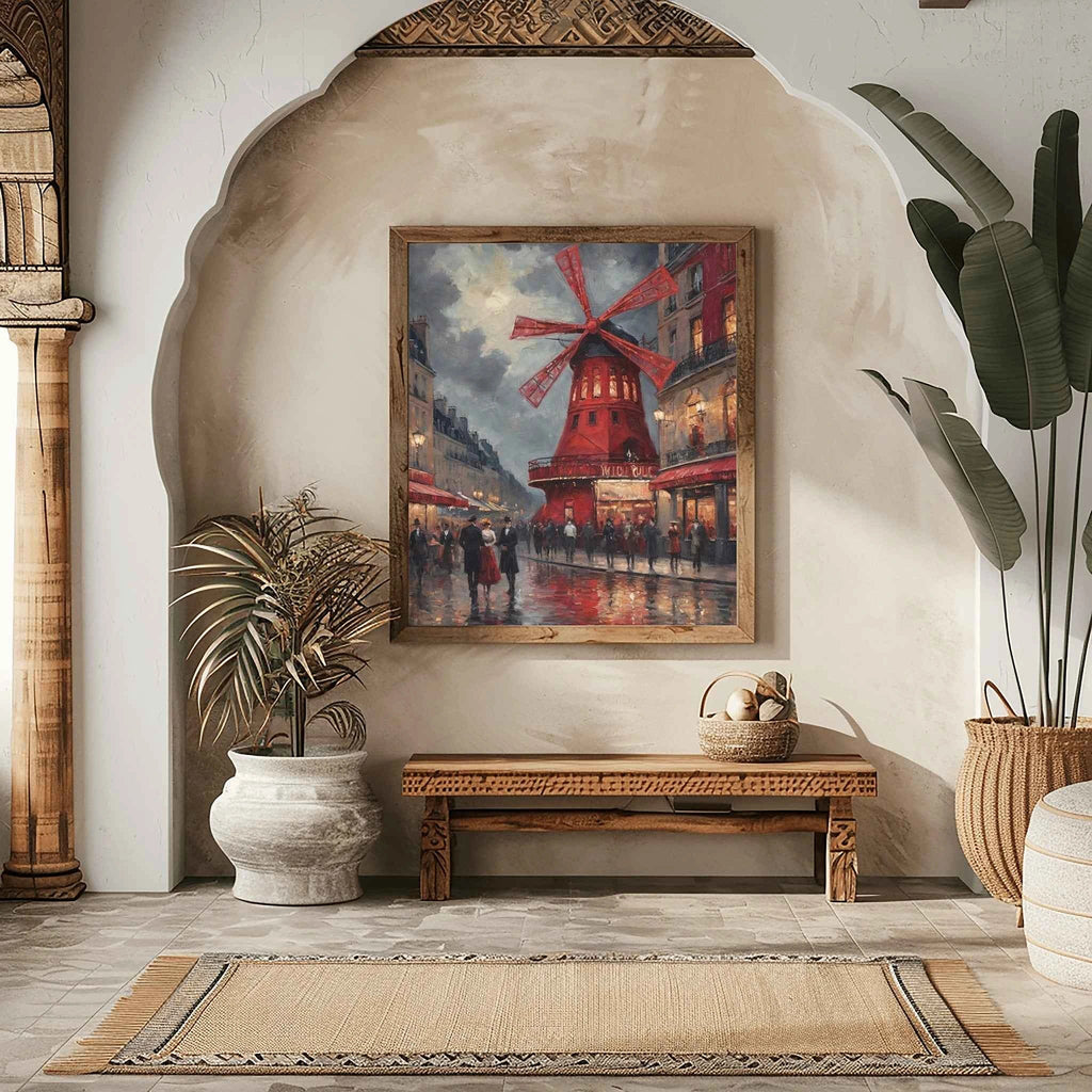 Montmartre Windmill Nights: Iconic Paris Red Windmill & Rainy Street Scene Oil Painting
