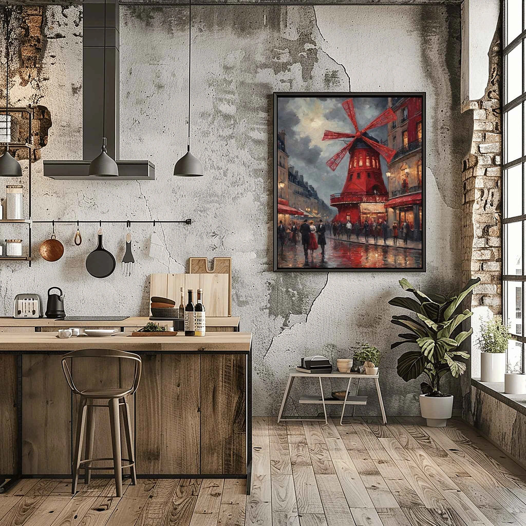 Montmartre Windmill Nights: Iconic Paris Red Windmill & Rainy Street Scene Oil Painting
