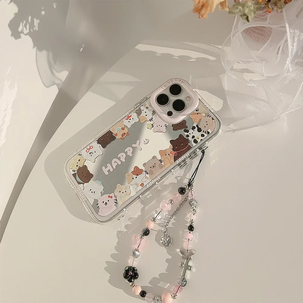 Korean Make Up Mirror Cartoon Kitten Phone Case Lanyard For iPhone