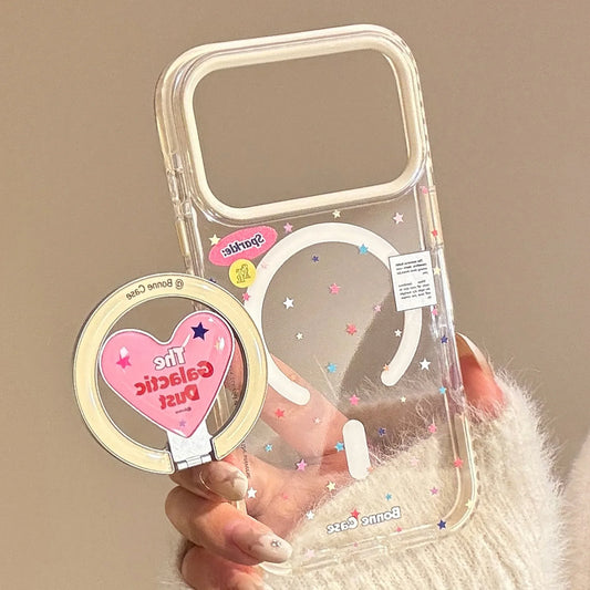 Korean Colorful Stars With Love Heart Bracket Magnetic Phone Case For iPhone