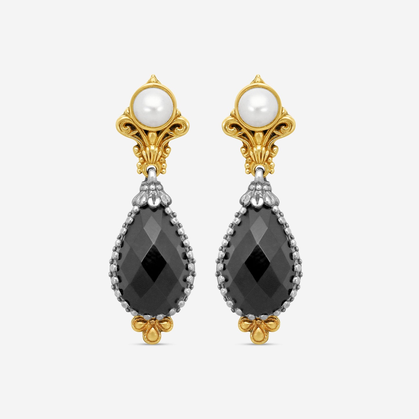 KONSTANTINO - "Nykta" Sterling Silver & 18k Yellow Gold, Onyx Cultured Pearl: & Cultured Pearl Earrings - SKMK2983-224-CUT