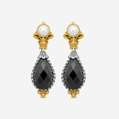 KONSTANTINO - "Nykta" Sterling Silver & 18k Yellow Gold, Onyx Cultured Pearl: & Cultured Pearl Earrings - SKMK2983-224-CUT