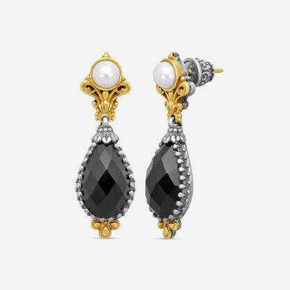 KONSTANTINO - "Nykta" Sterling Silver & 18k Yellow Gold, Onyx Cultured Pearl: & Cultured Pearl Earrings - SKMK2983-224-CUT