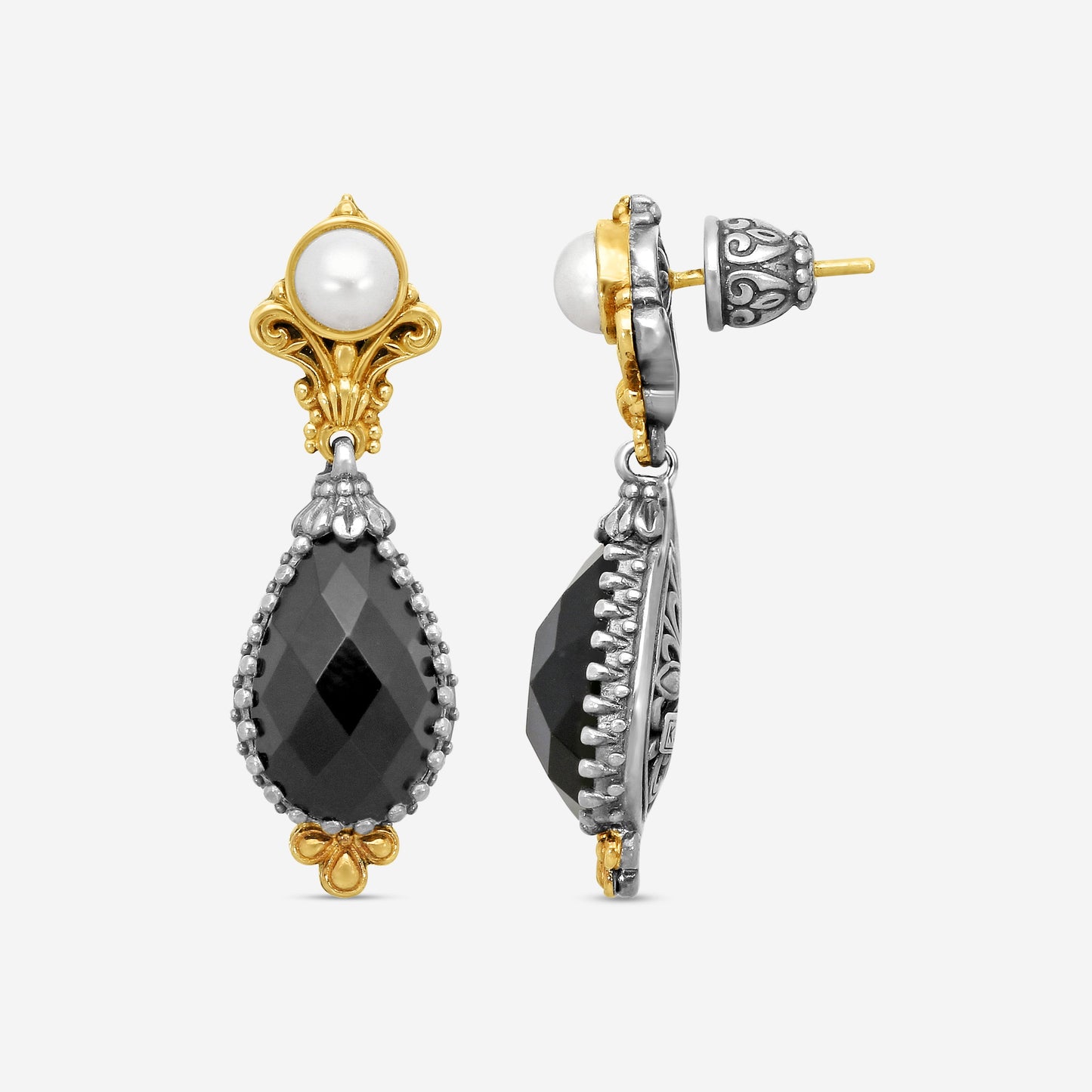 KONSTANTINO - "Nykta" Sterling Silver & 18k Yellow Gold, Onyx Cultured Pearl: & Cultured Pearl Earrings - SKMK2983-224-CUT
