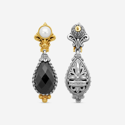 KONSTANTINO - "Nykta" Sterling Silver & 18k Yellow Gold, Onyx Cultured Pearl: & Cultured Pearl Earrings - SKMK2983-224-CUT