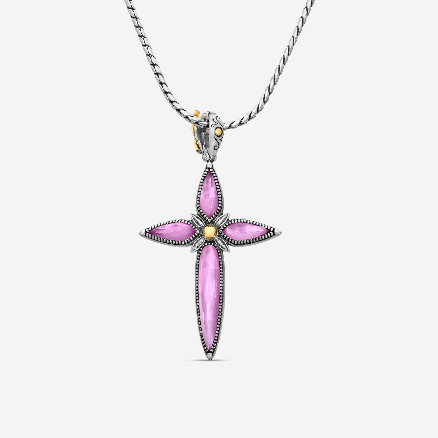 "KONSTANTINO - ""Gen K 2"" Sterling Silver & 18k Yellow Gold, Pink Corundum Cross (COR: 11.35mm x25mm 4&5mm) - STKJ424-652  Pendant Dimensions: 2.25 x 0.38 in. S/S Chain Included:CHKJ22-131-18 (Length - 18in.)"