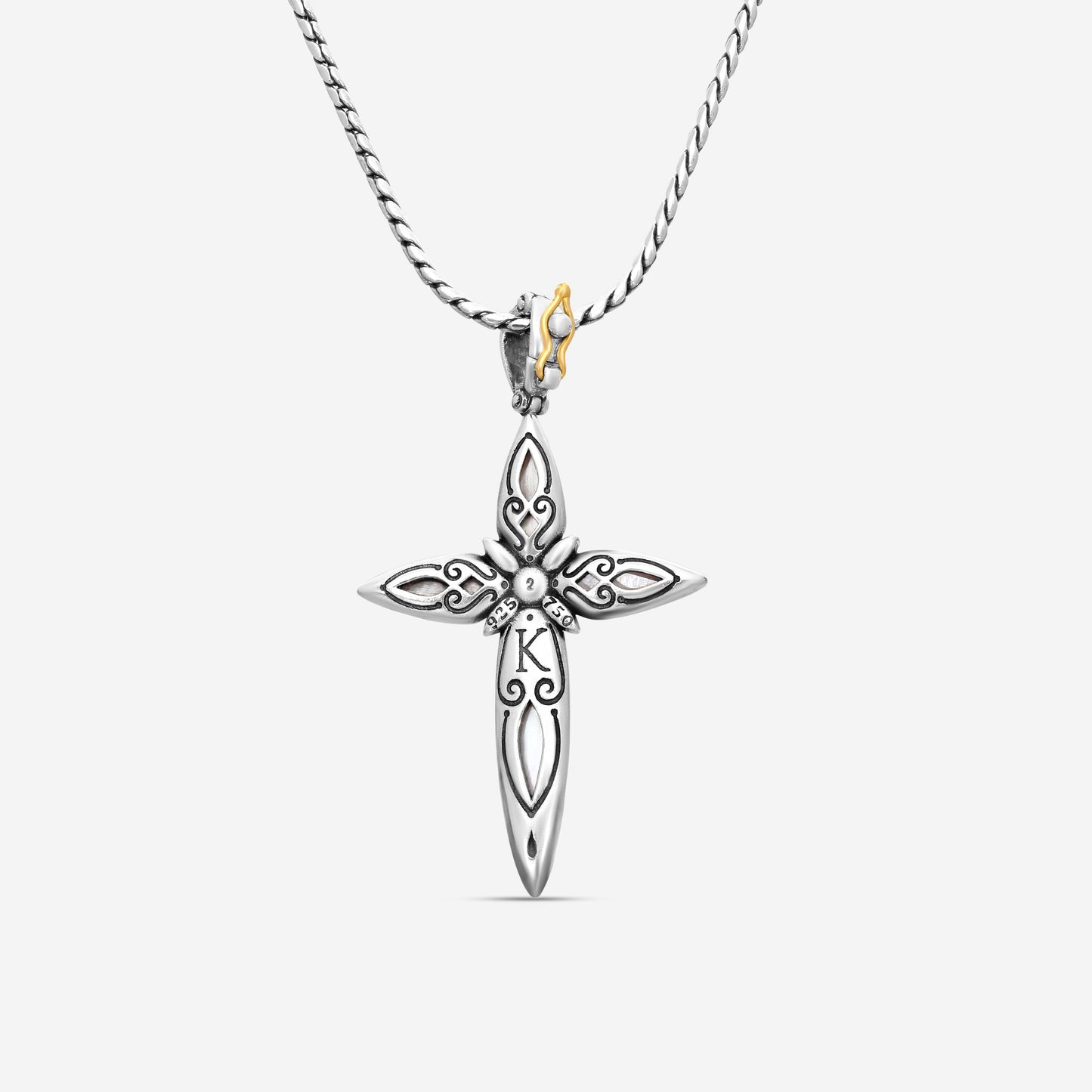 "KONSTANTINO - ""Gen K 2"" Sterling Silver & 18k Yellow Gold, Pink Corundum Cross (COR: 11.35mm x25mm 4&5mm) - STKJ424-652  Pendant Dimensions: 2.25 x 0.38 in. S/S Chain Included:CHKJ22-131-18 (Length - 18in.)"