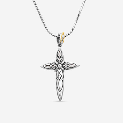 "KONSTANTINO - ""Gen K 2"" Sterling Silver & 18k Yellow Gold, Pink Corundum Cross (COR: 11.35mm x25mm 4&5mm) - STKJ424-652  Pendant Dimensions: 2.25 x 0.38 in. S/S Chain Included:CHKJ22-131-18 (Length - 18in.)"