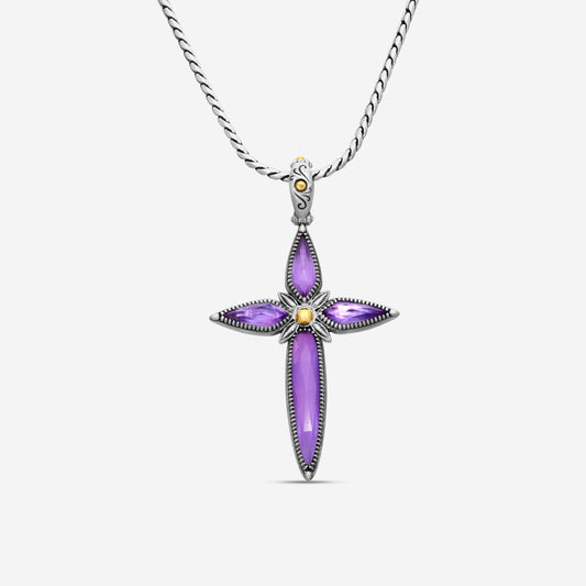 "KONSTANTINO - ""Gen K 2"" Sterling Silver & 18k Yellow Gold, Amethyst Cross (AMY: 11.35mm x25mm 4&5mm) - STKJ424-653  Pendant Dimensions: 2.25 x 0.38 in. S/S Chain Included:CHKJ22-131-18 (Length - 18in.)"