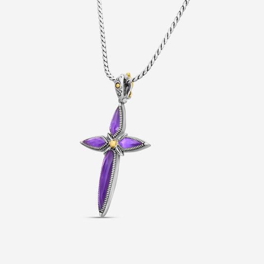 "KONSTANTINO - ""Gen K 2"" Sterling Silver & 18k Yellow Gold, Amethyst Cross (AMY: 11.35mm x25mm 4&5mm) - STKJ424-653  Pendant Dimensions: 2.25 x 0.38 in. S/S Chain Included:CHKJ22-131-18 (Length - 18in.)"