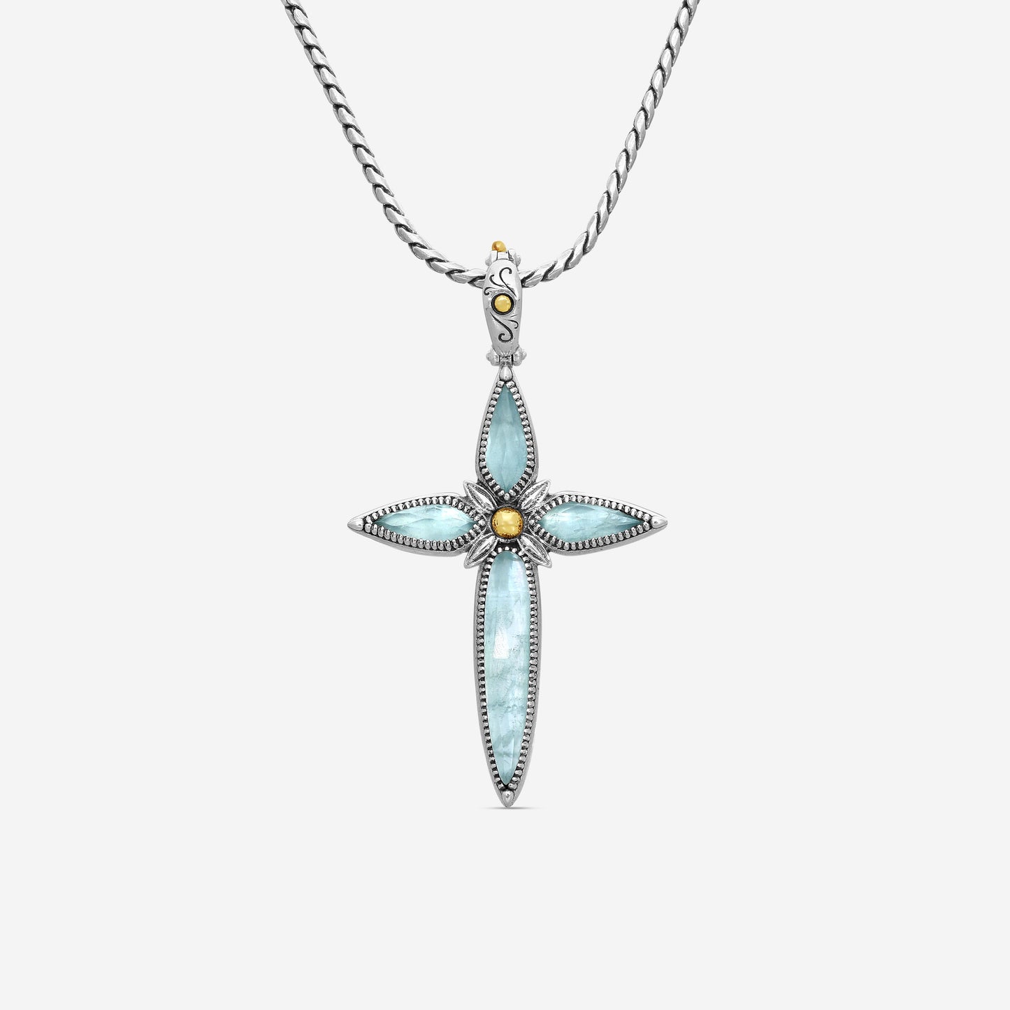 "KONSTANTINO - ""Gen K 2"" Sterling Silver & 18k Yellow Gold, Aquamarine Cross (AQM: 11.35mm x25mm 4&5mm) - STKJ424-655  Pendant Dimensions: 2.25 x 0.38 in. S/S Chain Included:CHKJ22-131-18 (Length - 18in.)"
