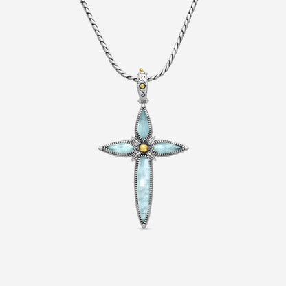 "KONSTANTINO - ""Gen K 2"" Sterling Silver & 18k Yellow Gold, Aquamarine Cross (AQM: 11.35mm x25mm 4&5mm) - STKJ424-655  Pendant Dimensions: 2.25 x 0.38 in. S/S Chain Included:CHKJ22-131-18 (Length - 18in.)"