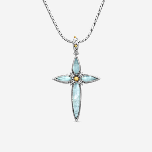 "KONSTANTINO - ""Gen K 2"" Sterling Silver & 18k Yellow Gold, Aquamarine Cross (AQM: 11.35mm x25mm 4&5mm) - STKJ424-655  Pendant Dimensions: 2.25 x 0.38 in. S/S Chain Included:CHKJ22-131-18 (Length - 18in.)"