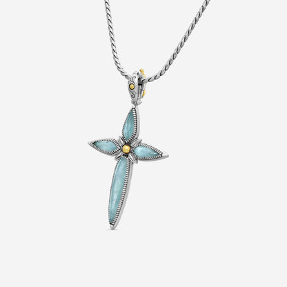 "KONSTANTINO - ""Gen K 2"" Sterling Silver & 18k Yellow Gold, Aquamarine Cross (AQM: 11.35mm x25mm 4&5mm) - STKJ424-655  Pendant Dimensions: 2.25 x 0.38 in. S/S Chain Included:CHKJ22-131-18 (Length - 18in.)"