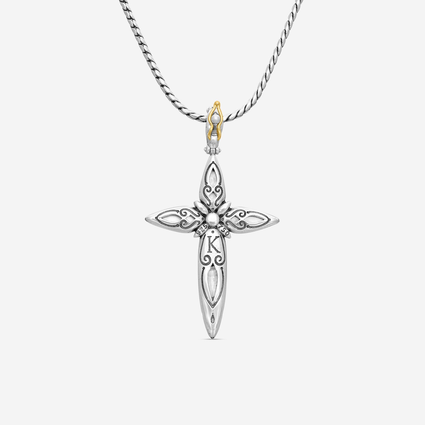 "KONSTANTINO - ""Gen K 2"" Sterling Silver & 18k Yellow Gold, Aquamarine Cross (AQM: 11.35mm x25mm 4&5mm) - STKJ424-655  Pendant Dimensions: 2.25 x 0.38 in. S/S Chain Included:CHKJ22-131-18 (Length - 18in.)"