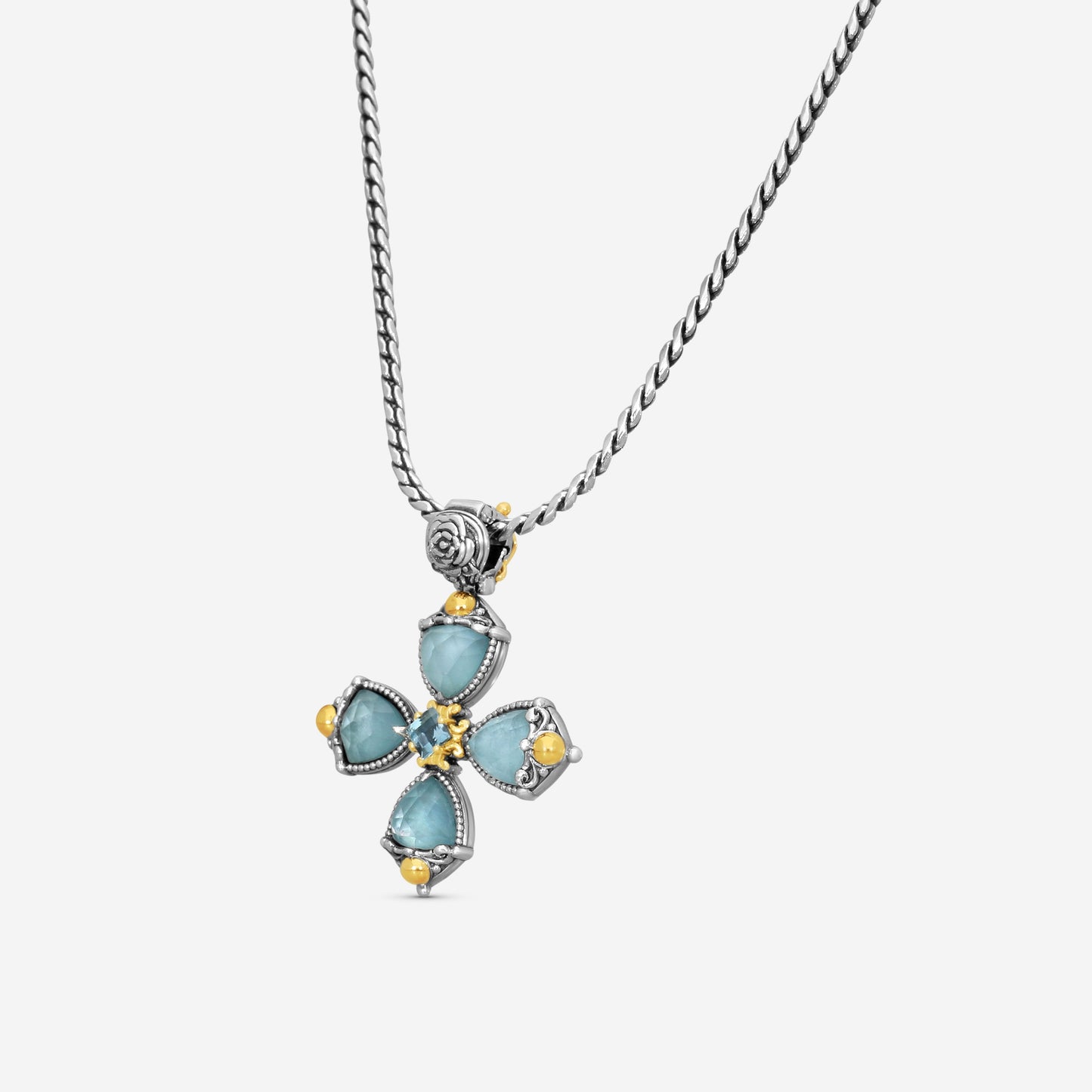 KONSTANTINO - "Gen K 2" Sterling Silver & 18k Yellow Gold, Aquamarine Aquamarine:5Mm & Aquamarine Cross (AQM: 7.45mm / AQM: 5mm) - STMK7002-673

Pendant Dimensions: 1.75 x 1.38 in.
S/S Chain Included:CHKJ23-131-20  (Length - 20in.)