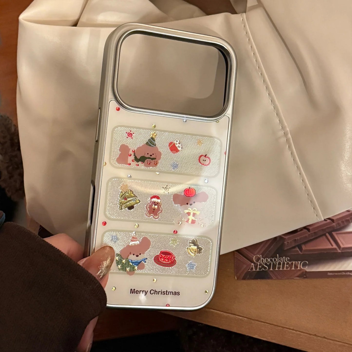 Korean Christmas Style Cartoon Puppy Silver Edge Plating Phone Case For iPhone