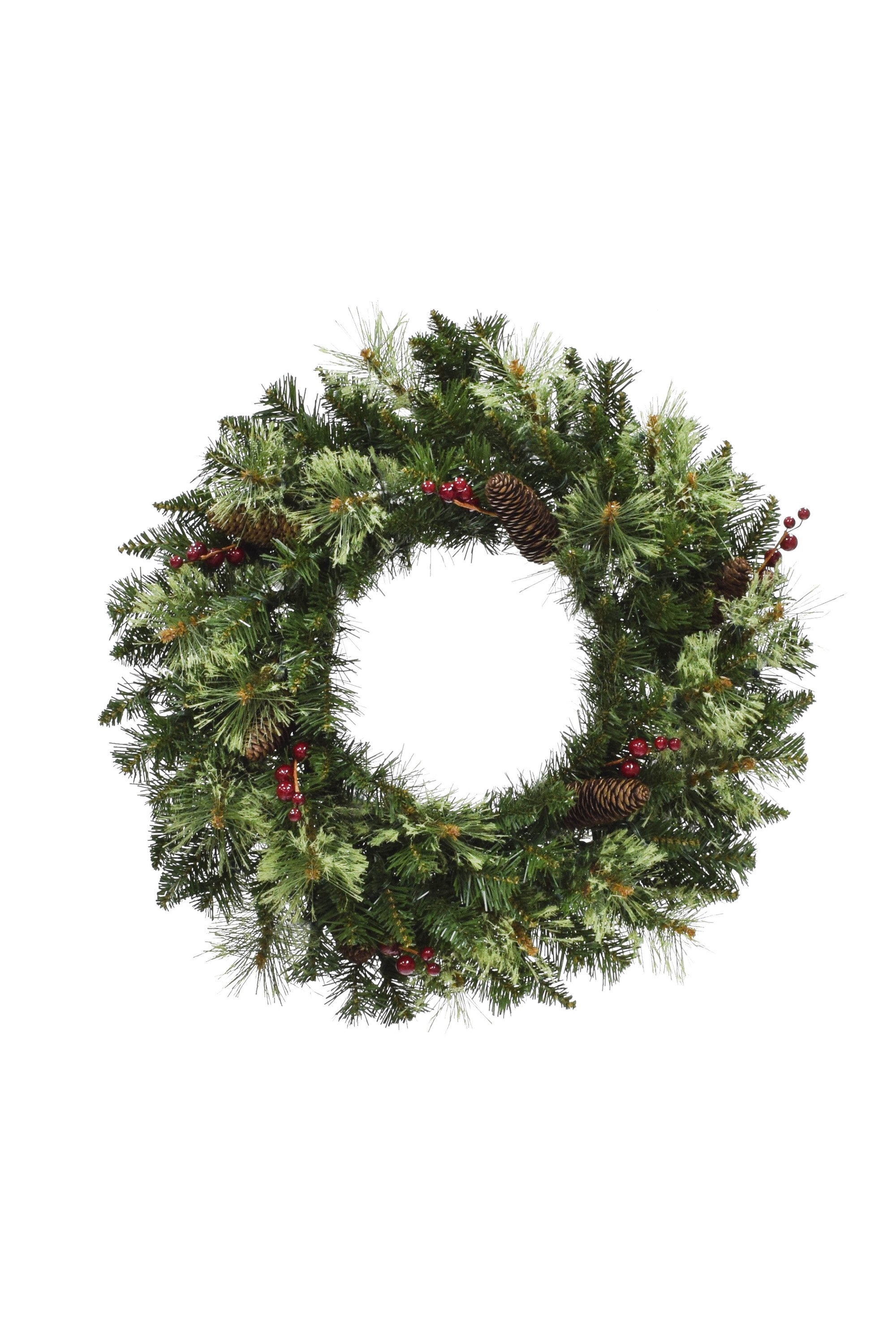 24" Unlit Jasper Mixed Pine Wreath with Pine Cones & Red Berry Clusters