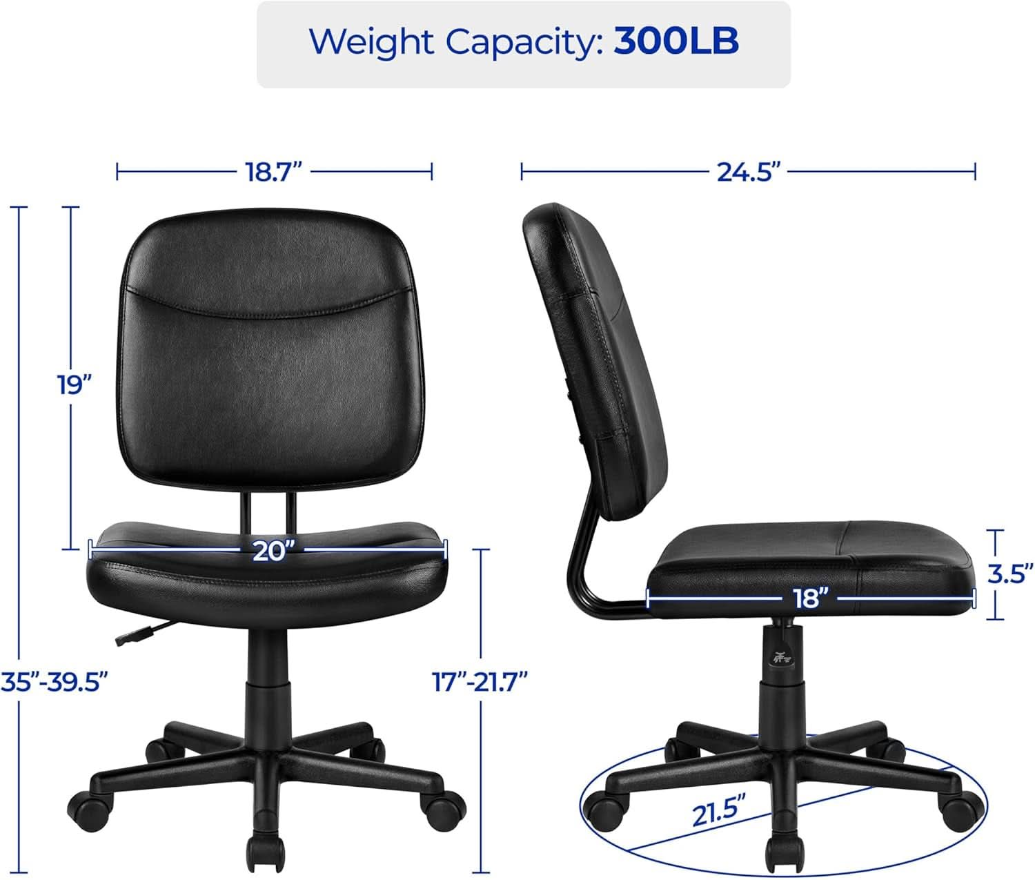 Armless Ergonomic Office Chair Black PU Leather Swivel