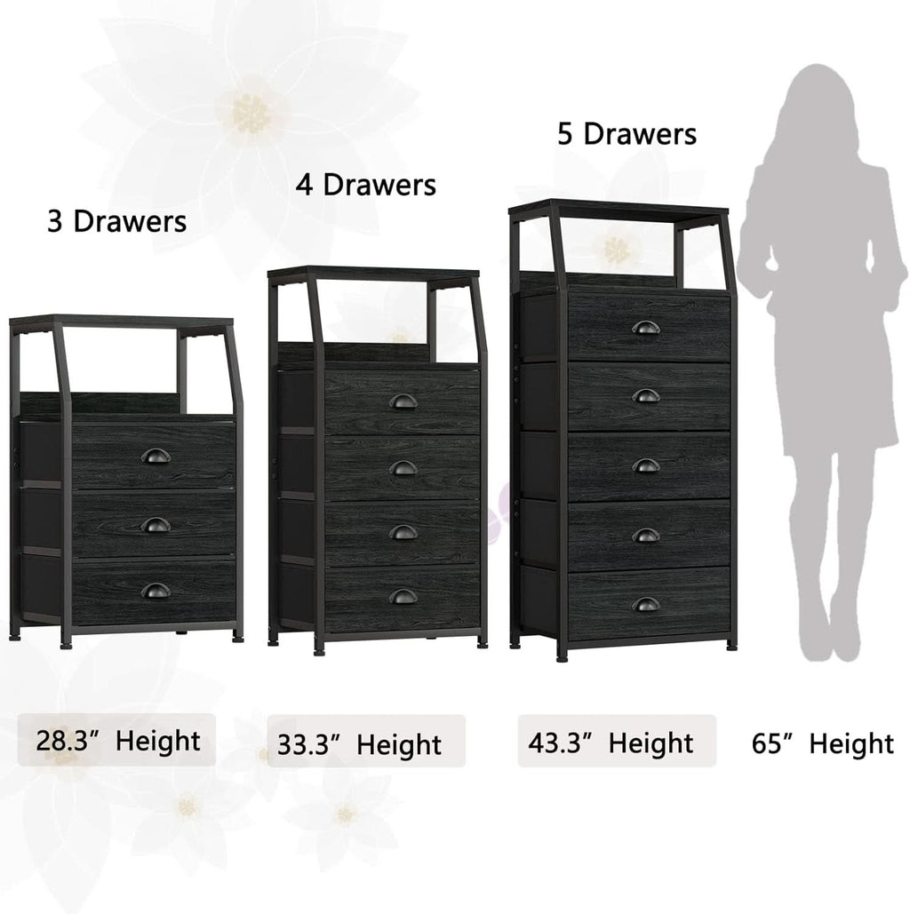 Black Night Stand With 3 Fabric Drawers And 2 Tier Shelf