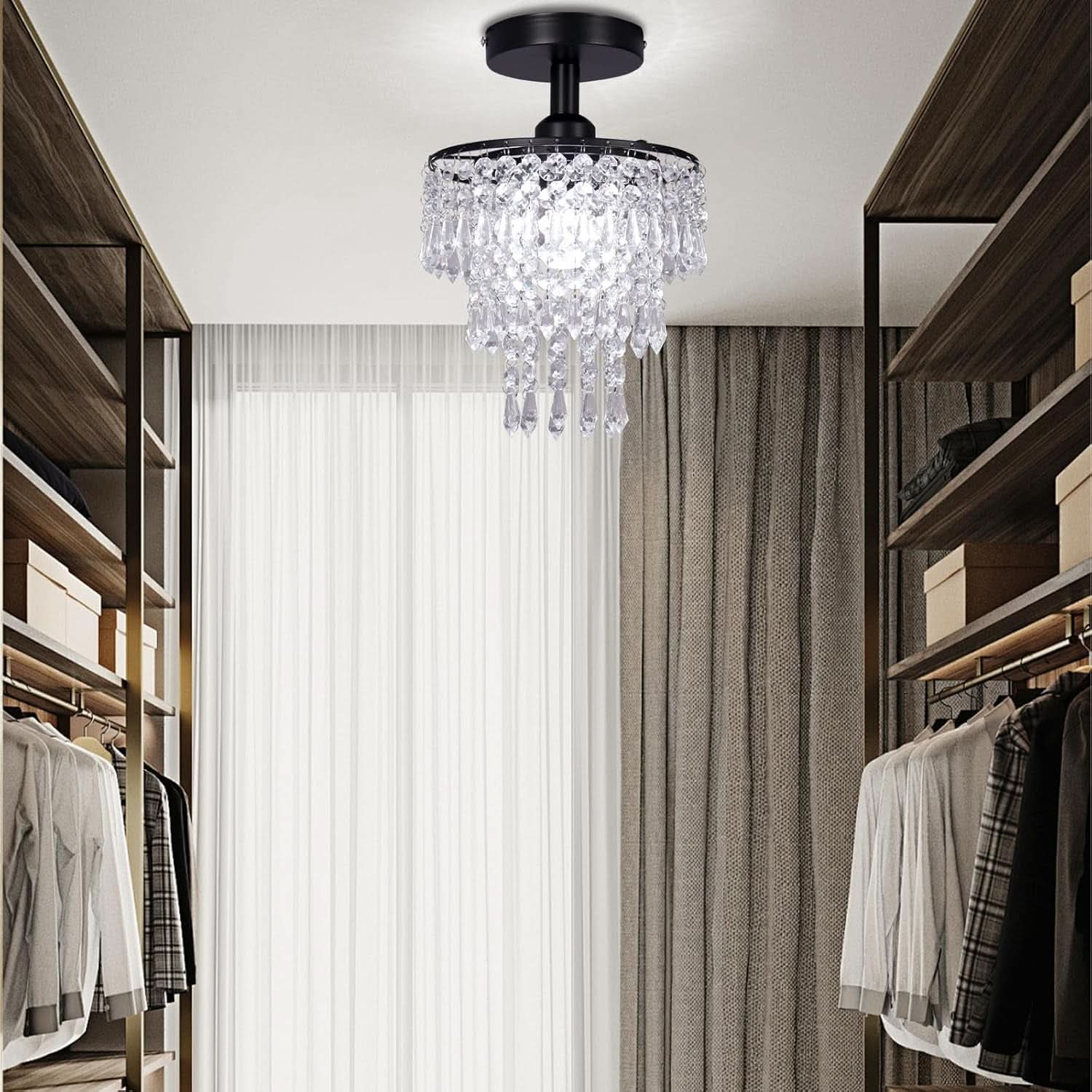 Small Black Crystal Chandelier Flush Mount With Raindrops