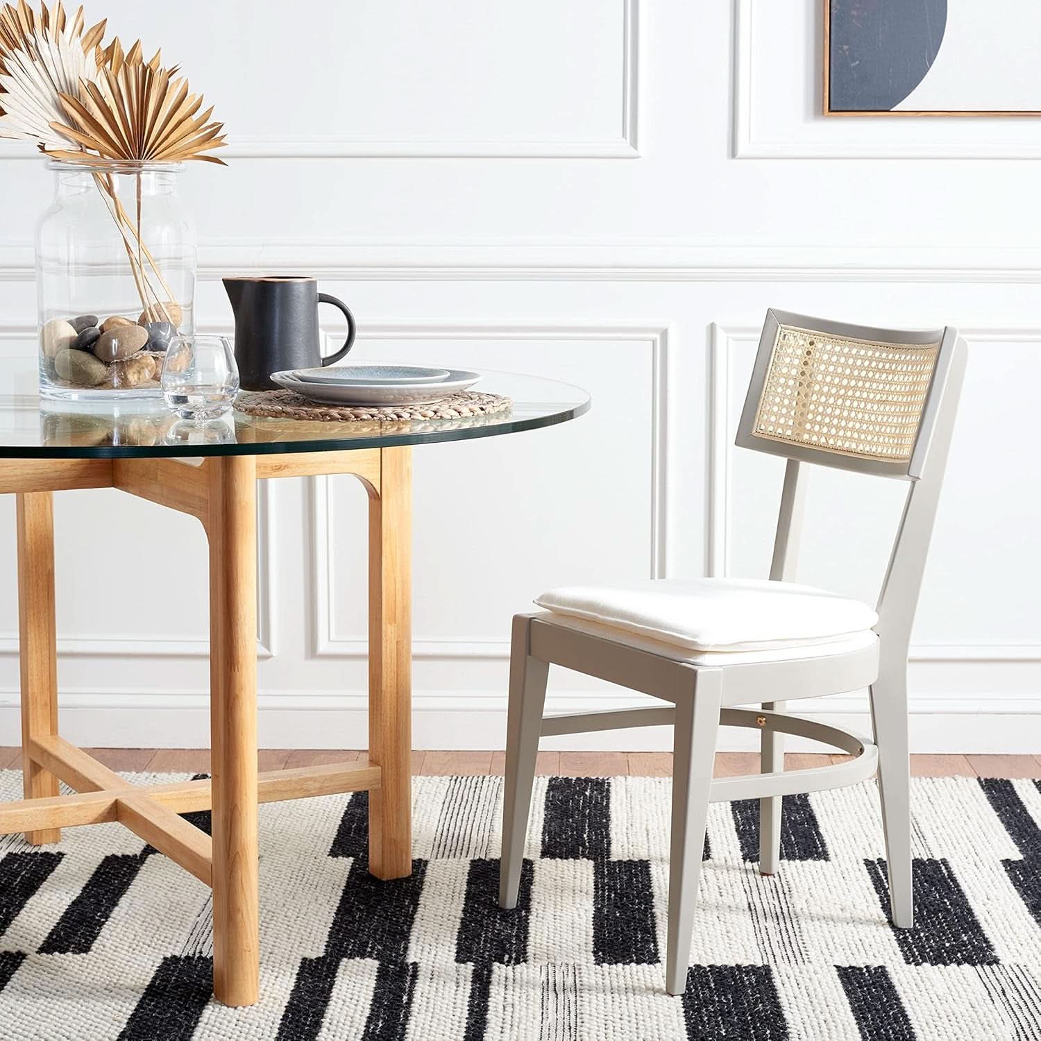 Coastal Grey Cane Seat Cushion Dining Chair For Kitchen
