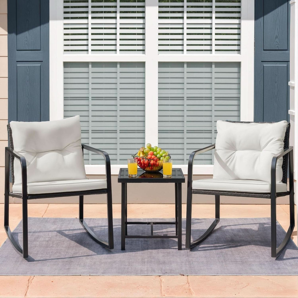 Patio Set 3 Piece White Wicker Rocking With Coffee Table