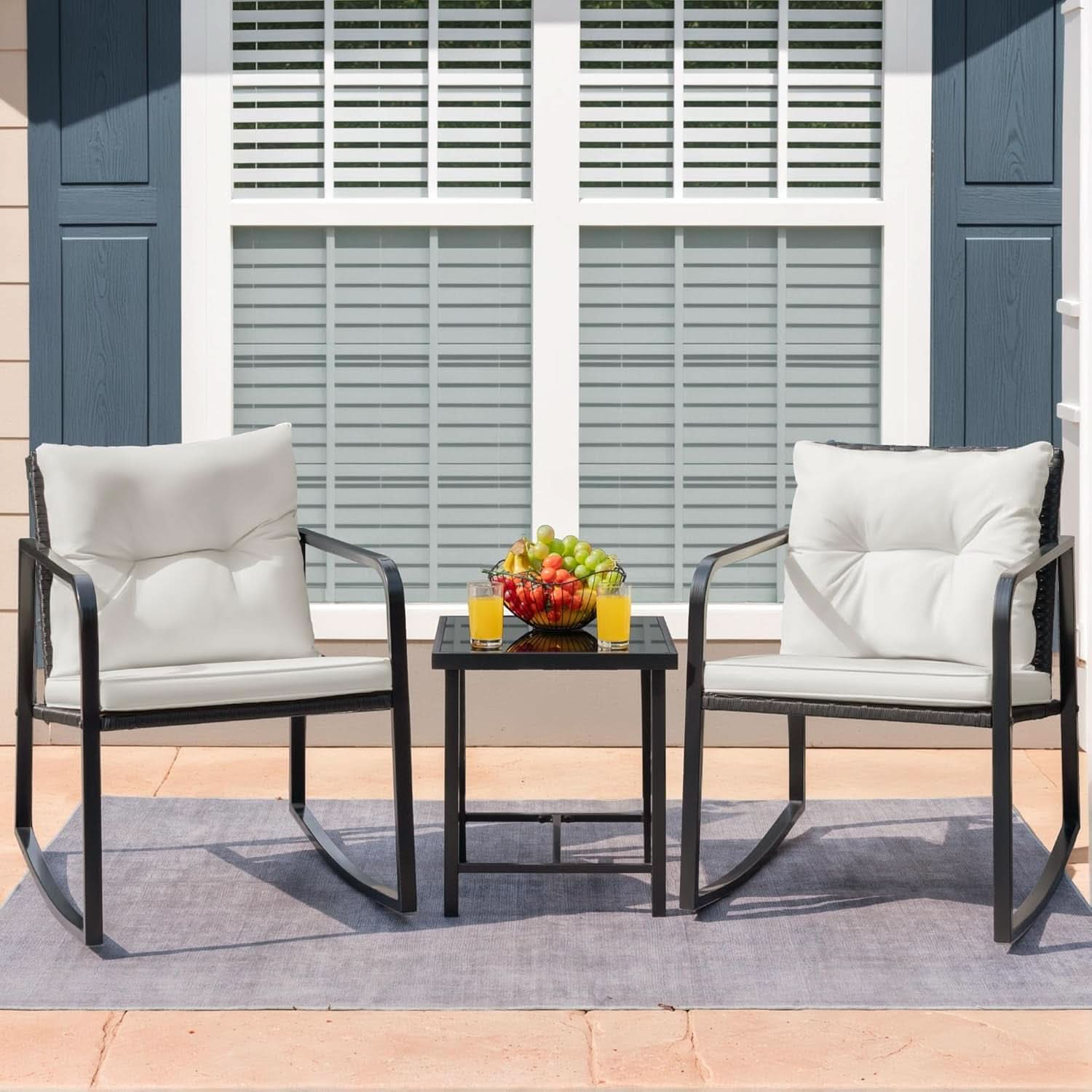 Patio Set 3 Piece White Wicker Rocking With Coffee Table