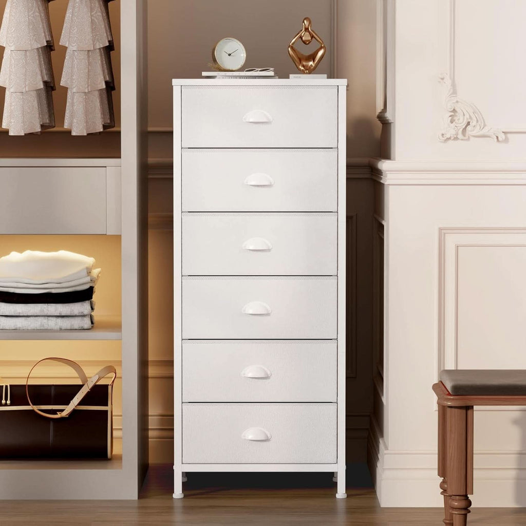White Tall Dresser With Six Fabric Drawers For Organization