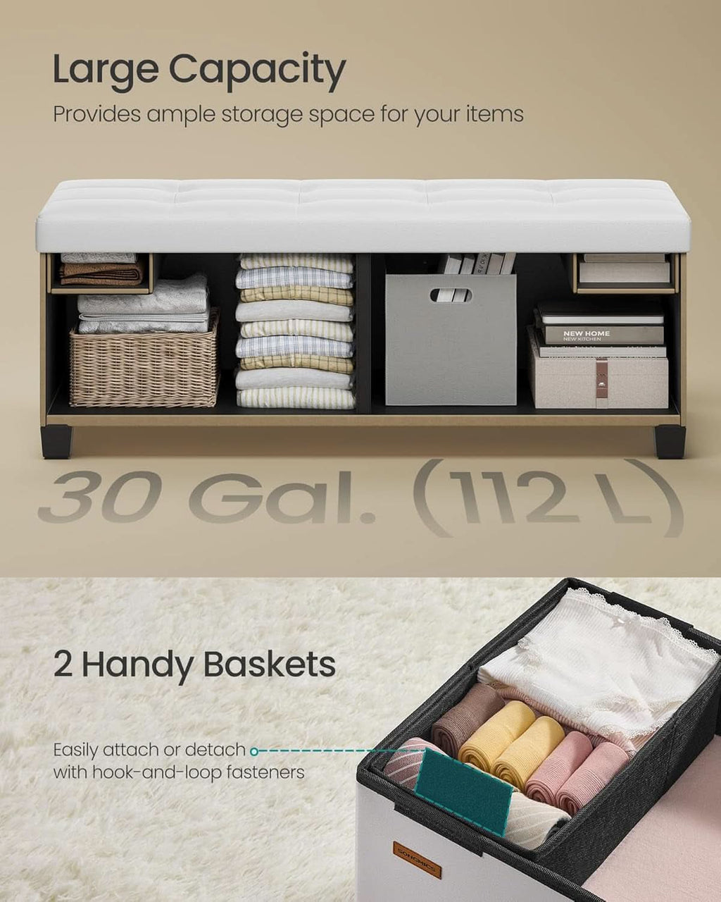 Cloud White Leatherette Storage Ottoman Bench 15x43