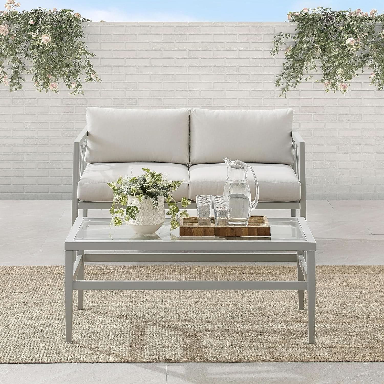 2 Piece Outdoor Coffee Table And Loveseat Set Gray Frame Creme Cushions