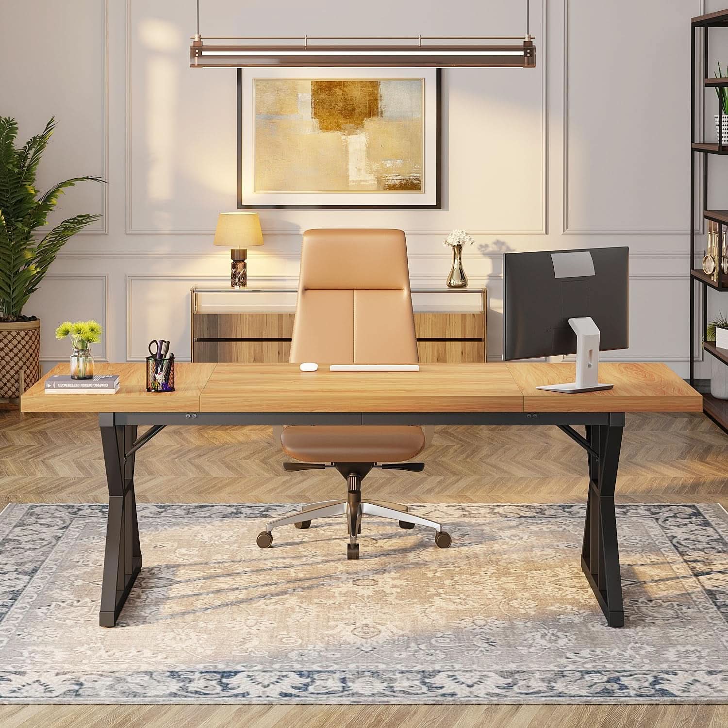 70.8 Inch Executive Desk Light Walnut Black Large Computer Office Desk