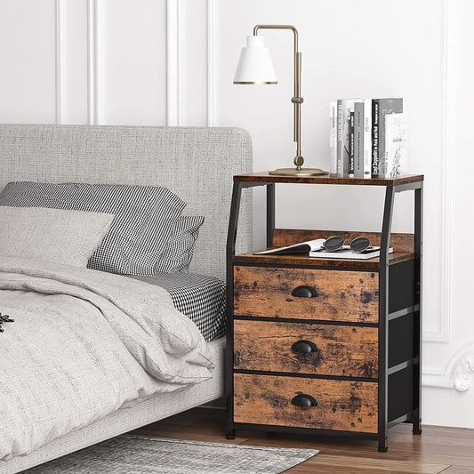 3-Drawer Nightstand With 2-Tier Shelf And Wood Top Bedroom