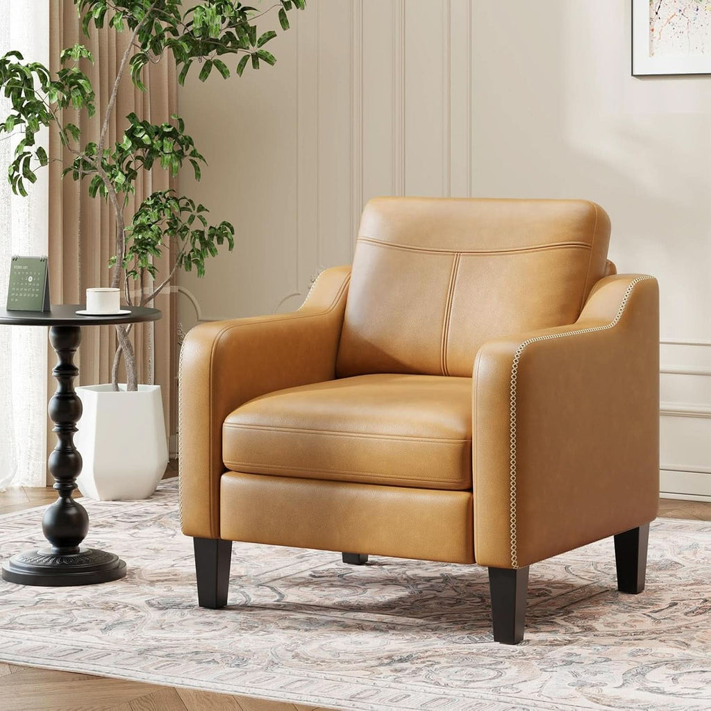 Brown PU Leather Mid Century Upholstered Armchairs