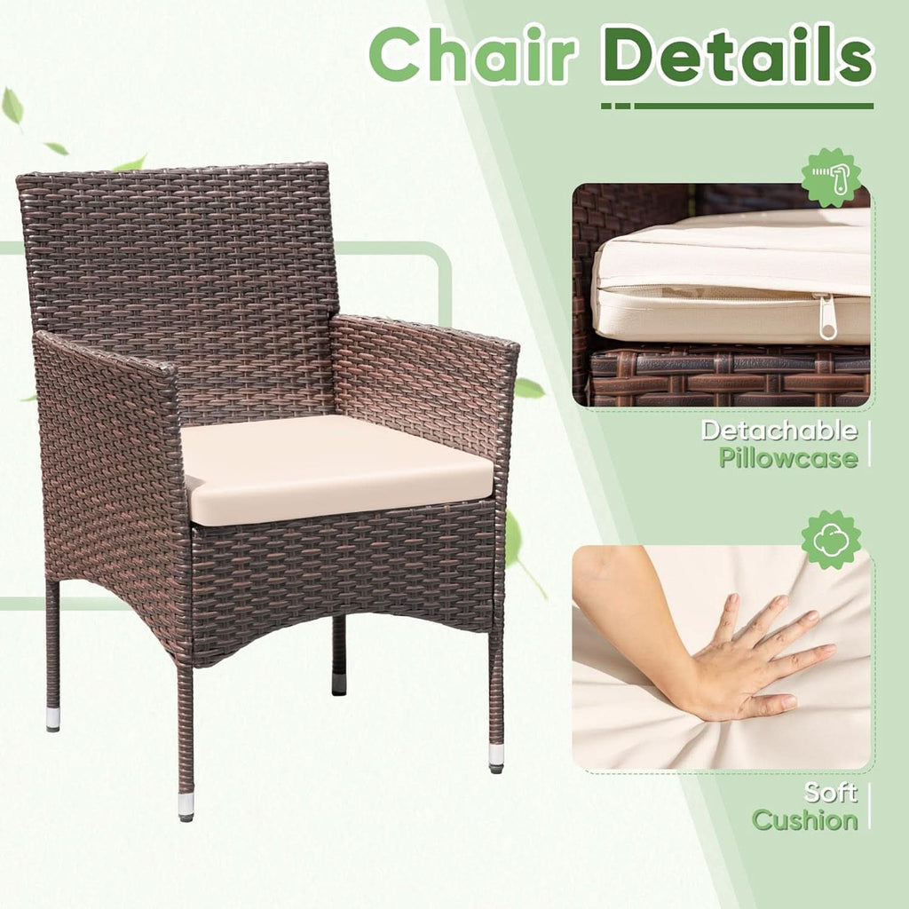 3 Piece Patio Dining PE Rattan Wicker Chair Set With Cushions And Glass Coffee Table Outdoor Brown Beige